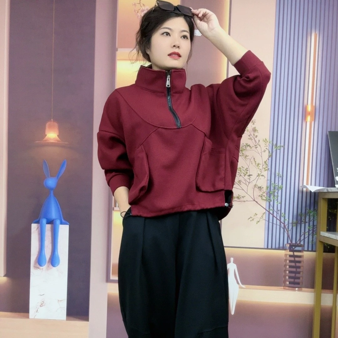 纯色时尚立领拉链拼接长袖套头大口袋新款宽松大码女秋冬百搭韩版