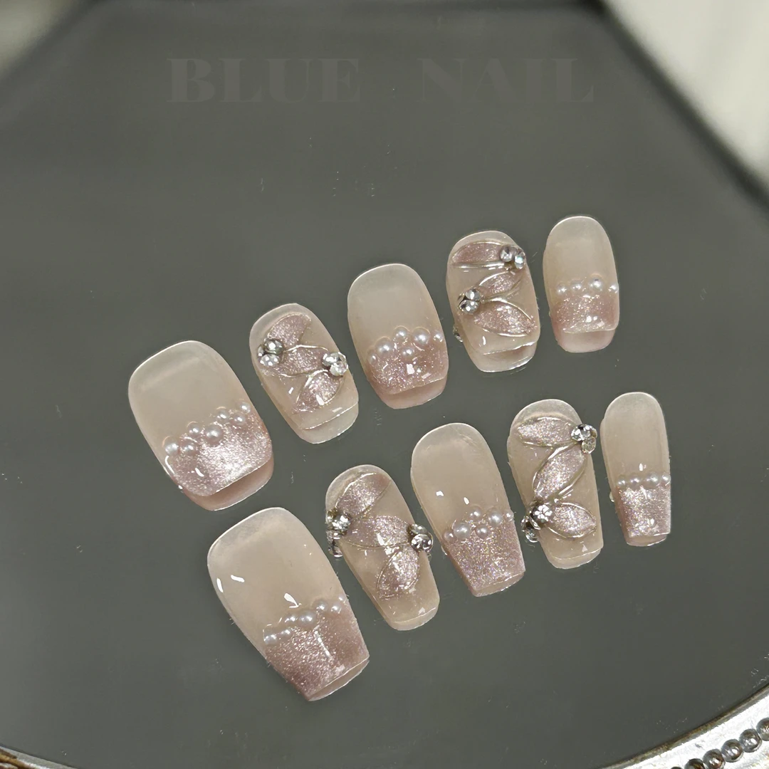 【飘带】-BLUENAIL-手工穿戴甲福利款珍珠气质温柔猫眼款法式优雅