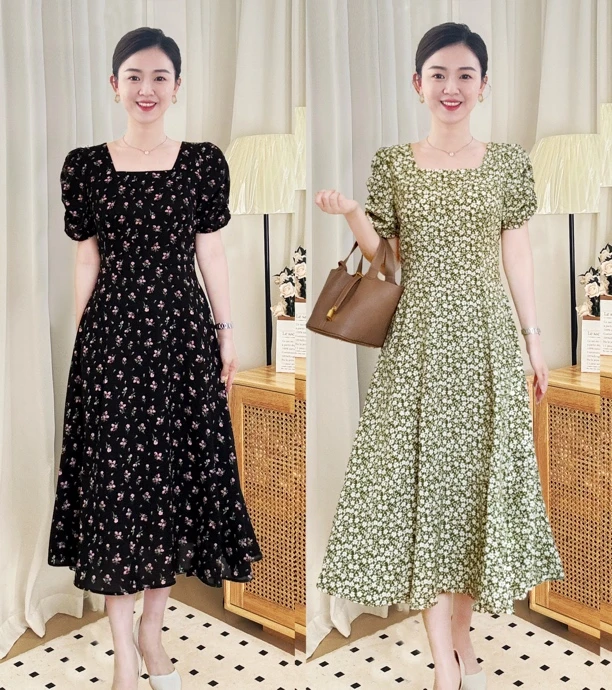 方领连衣裙连衣裙碎花显瘦气质时尚夏季长裙收腰法式宽松连衣裙