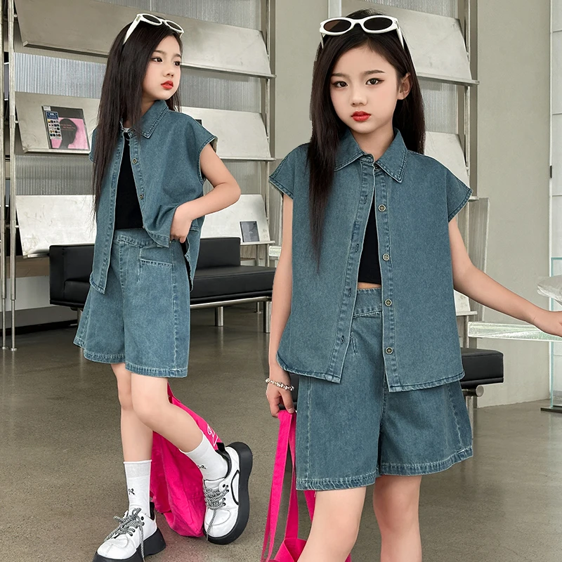 女童夏季牛仔套装2024新款6-12岁15岁中大儿童薄款牛仔短裤两件套