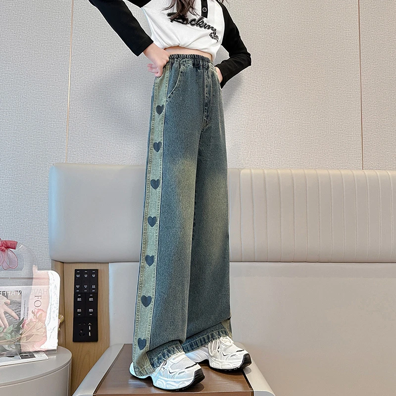 女童牛仔裤春秋2024新款6-12岁15岁中大童休闲宽松洋气直筒阔腿裤