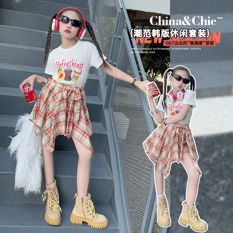 女童夏季套装2024新款中大儿童6-12岁洋气小女孩潮流短裙两件套