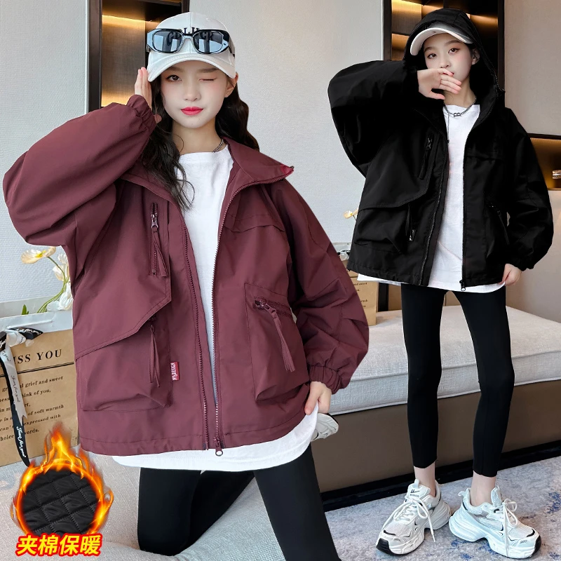 女童加棉外套秋冬2024新款6-12岁中大儿童休闲洋气加厚夹棉冲锋衣