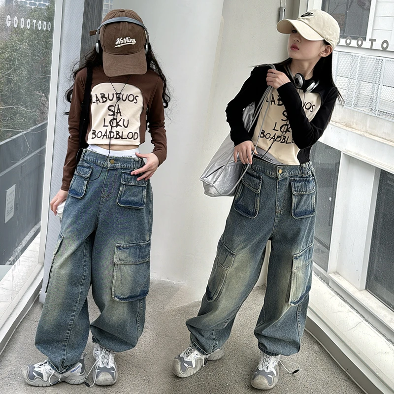 女童春秋牛仔套装2024新款6-12岁15岁中大童薄款牛仔工装裤两件套