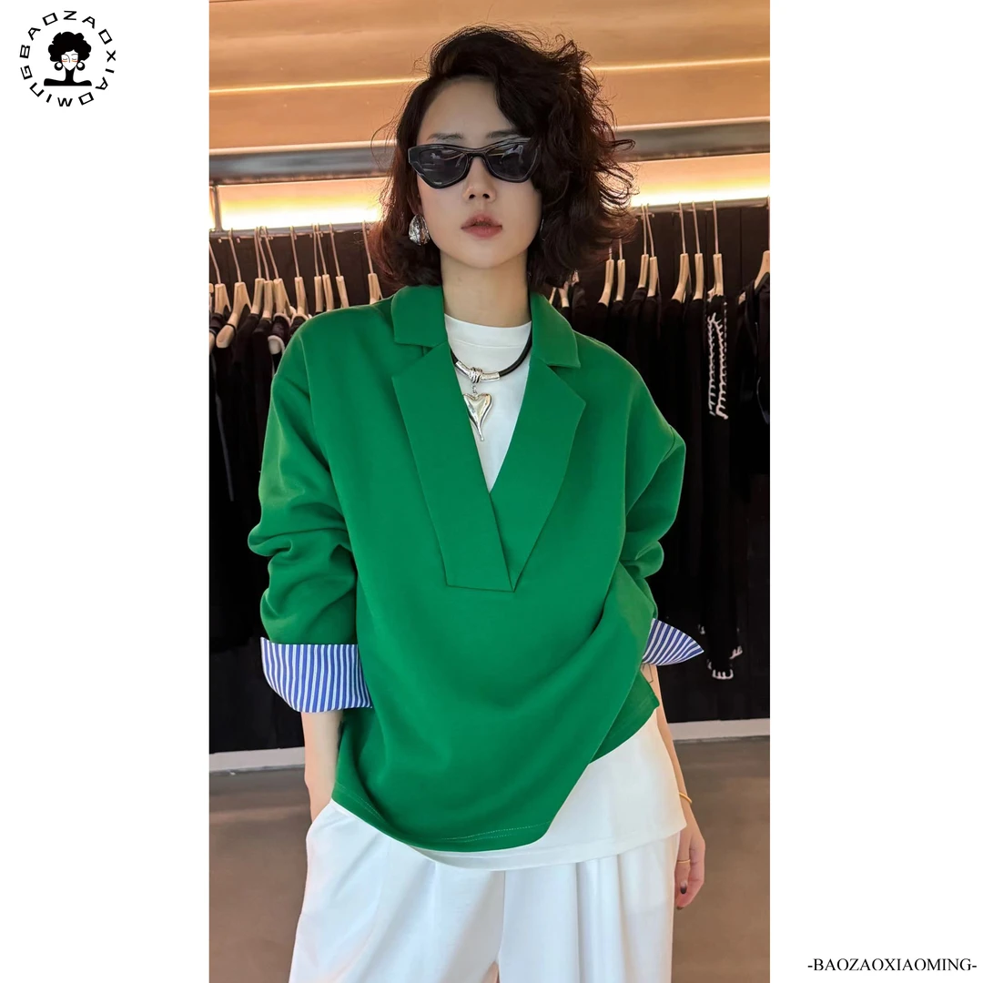 暴躁小明  秋冬新款西装领宽松大版卫衣女时尚百搭长袖上衣/793