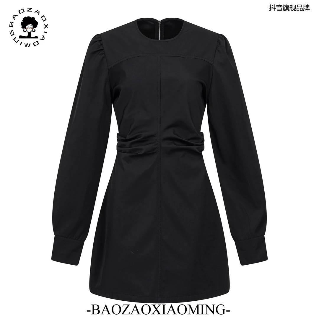 暴躁小明  原创设计重工艺法式抽皱连衣裙女气质黑色圆领裙子/733