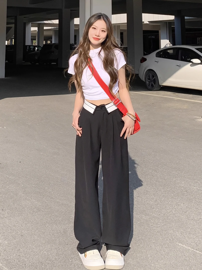 高腰黑色翻边垂感西装阔腿裤女夏季宽松显瘦直筒休闲裤子拖地长裤