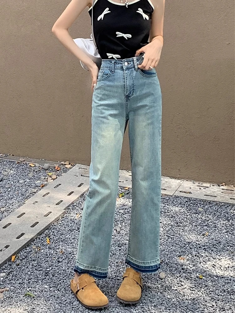 春季浅色拼接直筒牛仔裤女高腰显瘦百搭大码胖mm小个子九分烟管裤