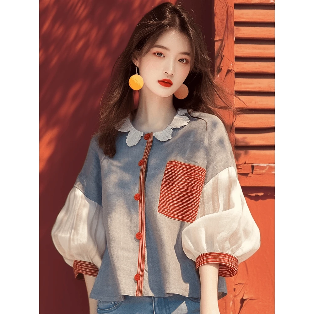 新款独特漂亮上衣小众超好看韩系减龄蓝色灯笼袖长袖衬衫