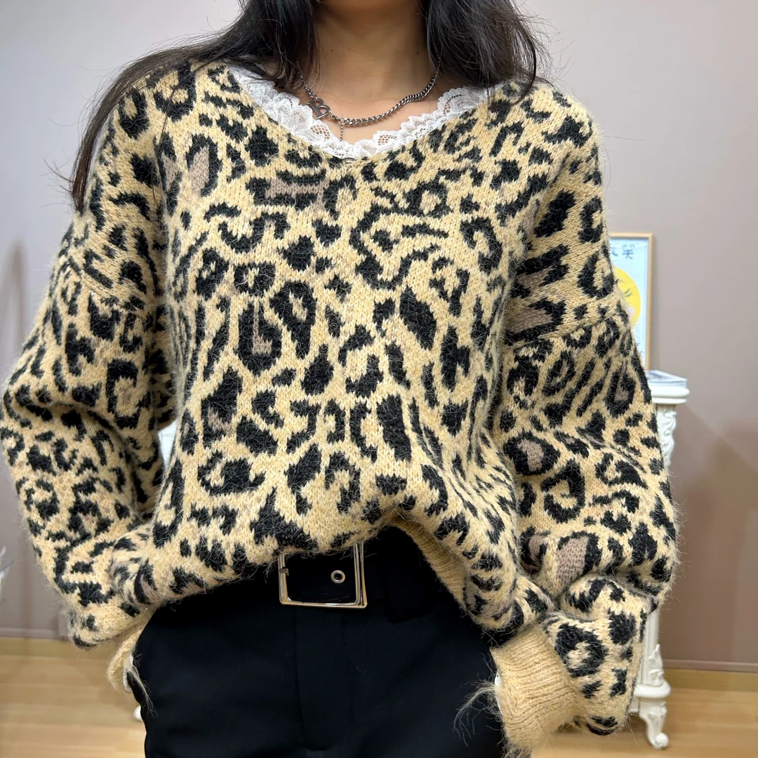 秋冬时尚百搭韩版蕾丝边豹纹毛衣(2007）