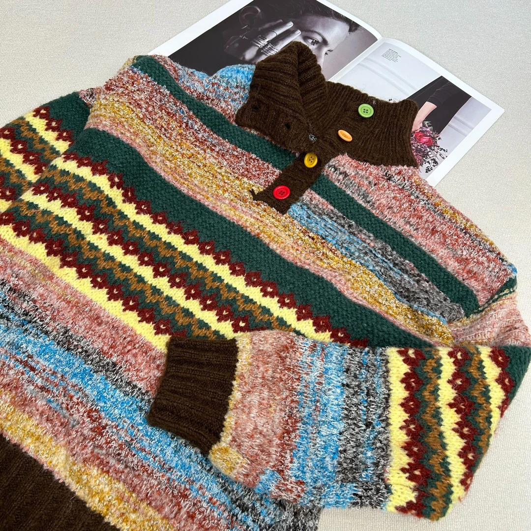 秋冬网红时尚复古宽松条纹套头撞色毛衣（1154）