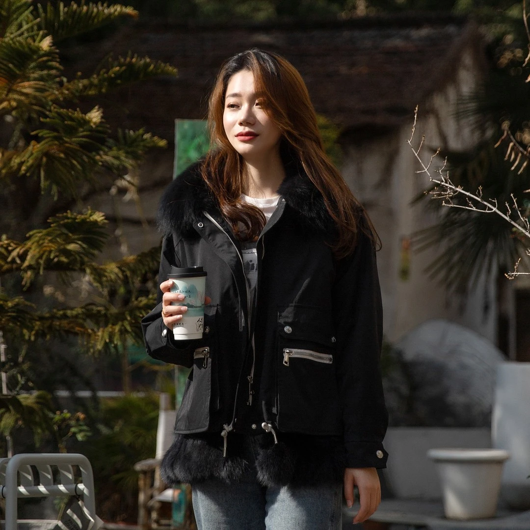 QIXI/妻姿5870-1黑色T+HL大毛领可拆卸百搭爆款冬休闲韩版派克服