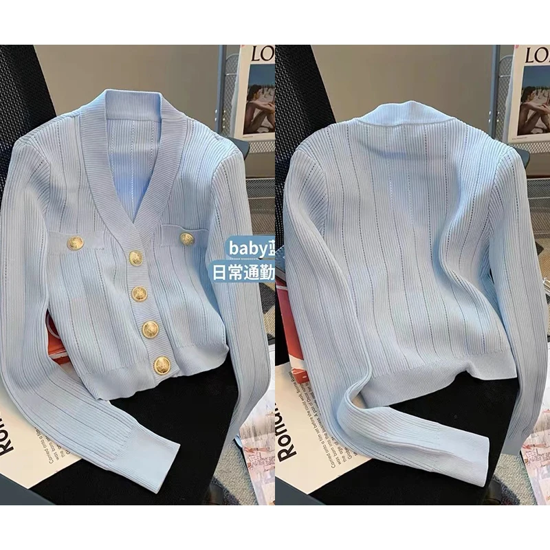 法式v领小香风针织开衫女气质修身重工针织衫女别致小上衣显瘦