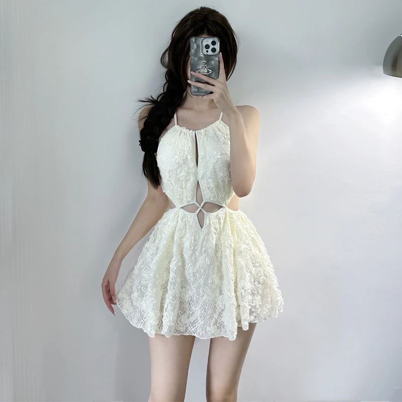 七森坊甜美少女蕾丝刺绣裙式泳衣女白色气质显瘦洋气法式纯欲风