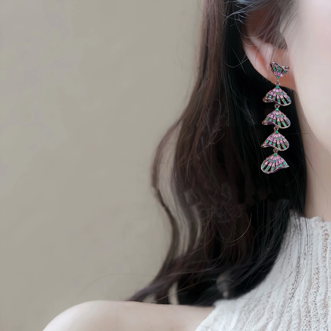 合金合成锆石耳饰 1645高级轻奢扇形小裙子流苏耳环