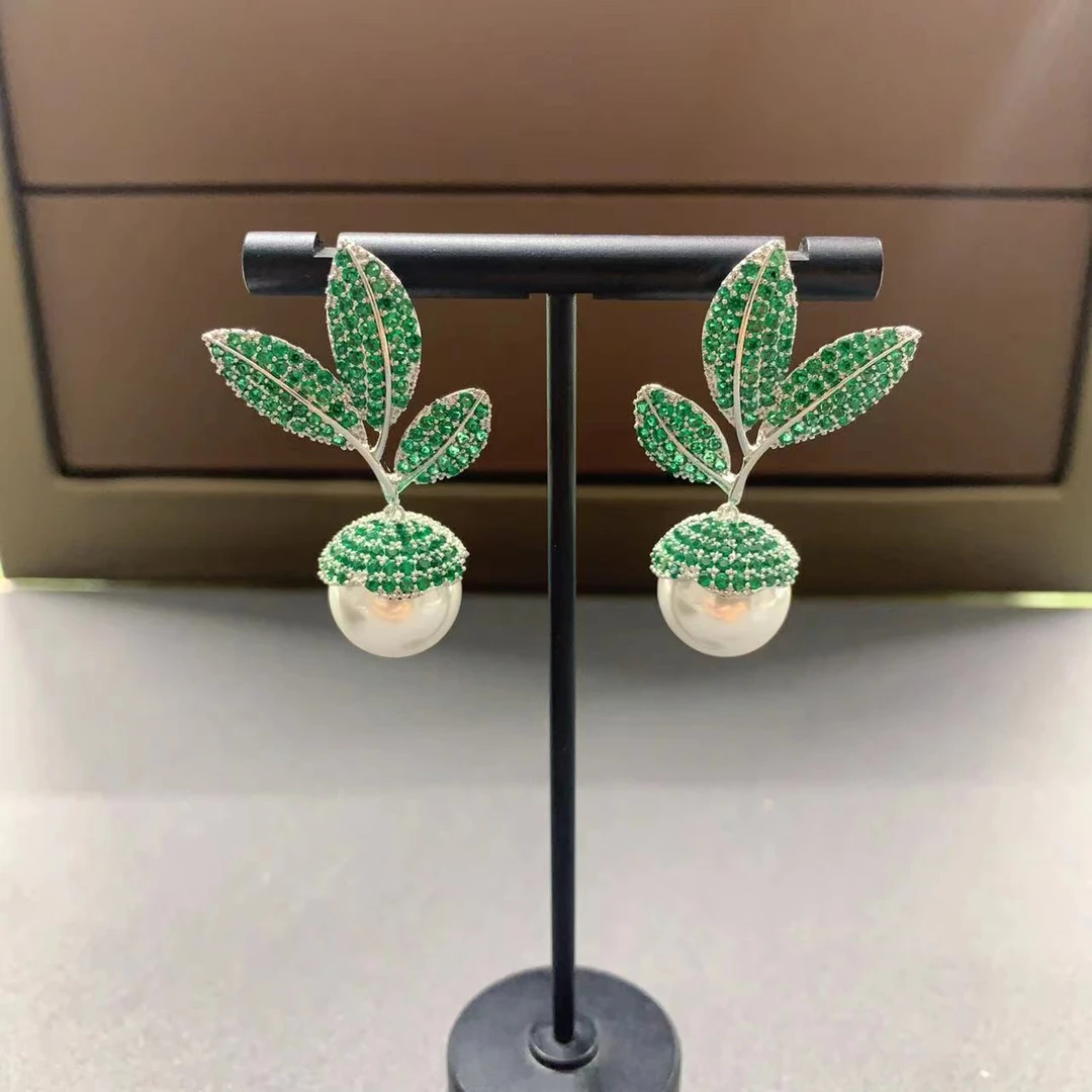 铜合金合成锆石耳饰 2130时尚高级感树叶珠珠气质耳环