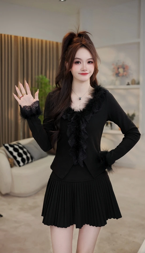 毛毛边v领T恤女2024秋冬新款小众纯欲辣妹性感小上衣打底衫内搭潮