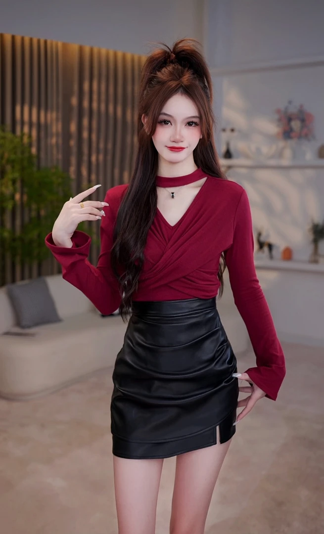 纯欲性感V领挂脖交叉T桖秋冬新款修身显瘦打底衫上衣