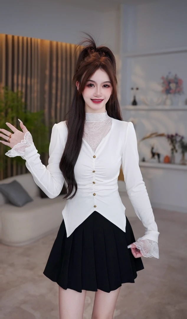 蕾丝高领网纱拼接打底衫女秋冬高级感搭内搭显瘦修身打底衫上衣