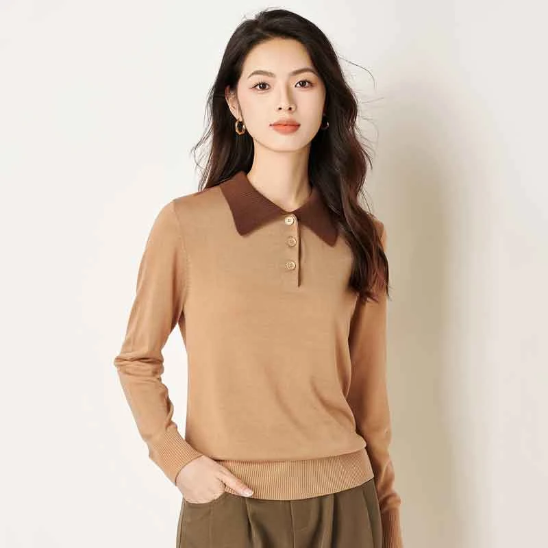 宝迪莱丝2025春秋打底毛衫女莱赛尔天丝针织衫长袖POLO领毛衫毛衣