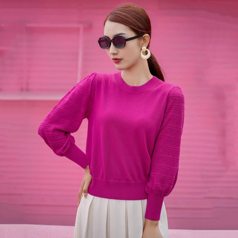 宝迪莱丝品牌天丝针织衫女2025春装圆领宽松镂空长袖毛衫时尚上衣