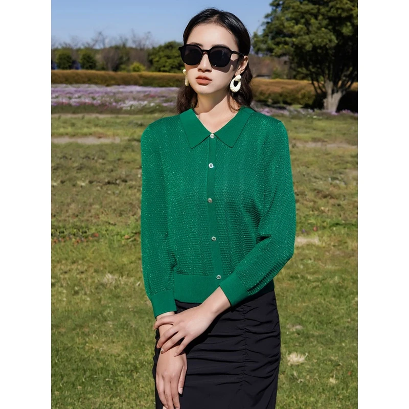 华服饰界2025春装品牌天丝针织衫女翻领长袖打底衫休闲上衣毛衣