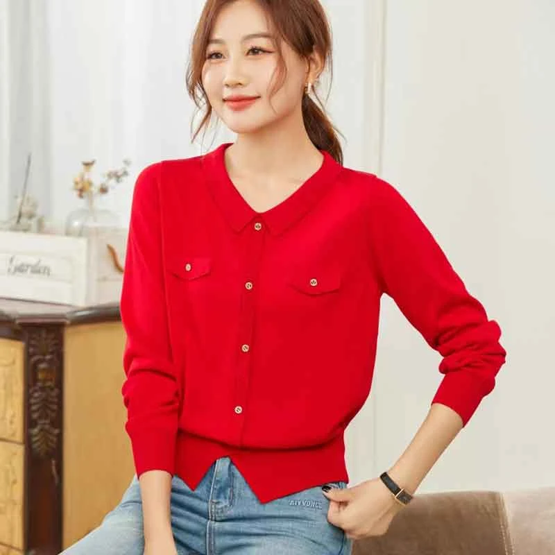 春秋妈妈款莱赛尔天丝针织衫女翻领长袖毛衣休闲毛衫百搭打底衫