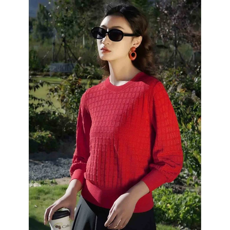 华服饰界2025春装新品莱赛尔天丝针织衫女长袖低圆领宽松百搭毛衣