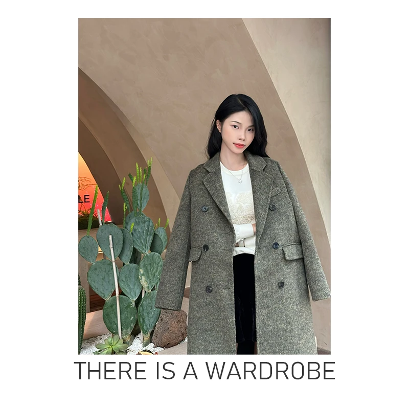 通勤西装2024新款枪驳领人字纹羊毛领带立领澳洲奴羊毛大衣双面呢