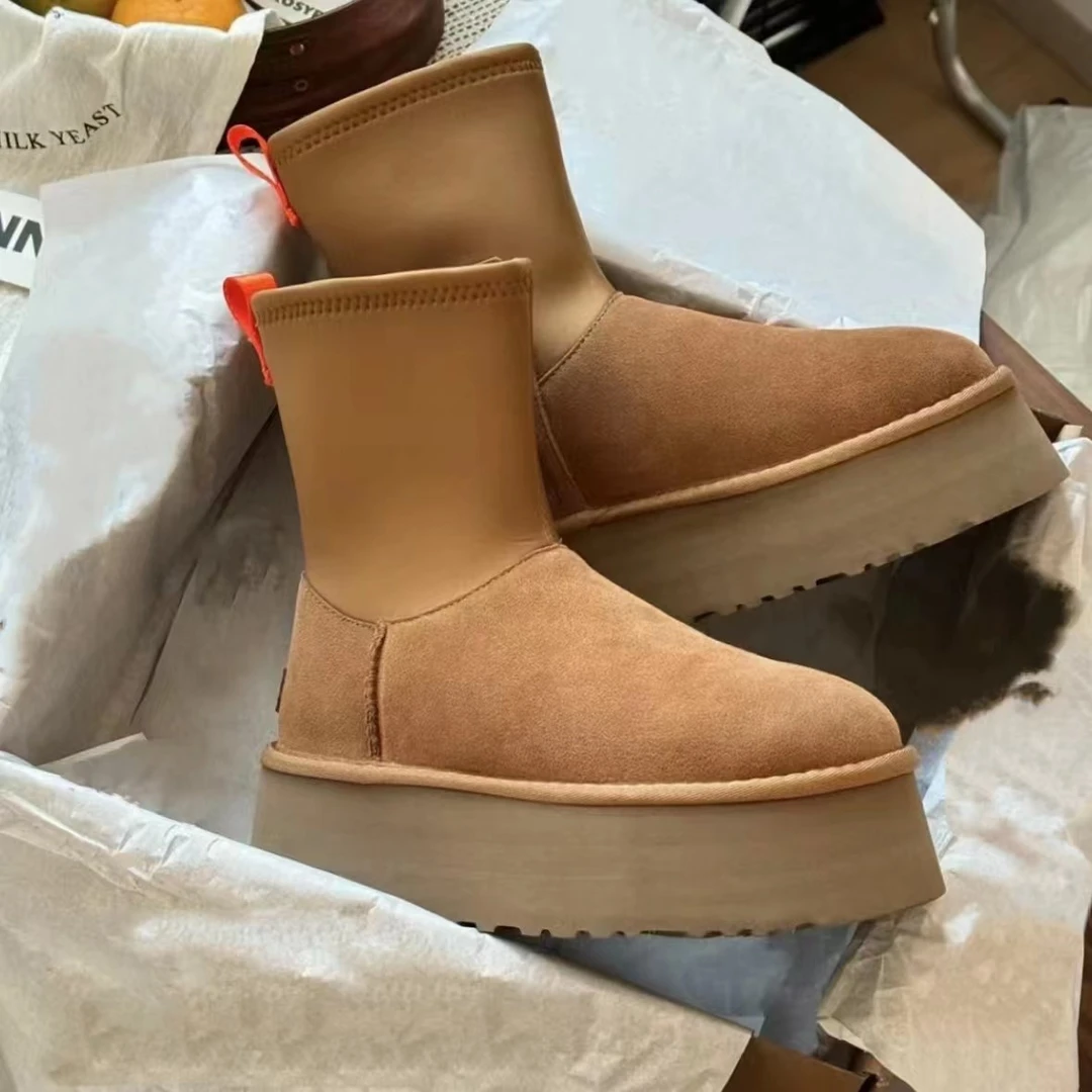 （5公分）桑坡时尚厚底雪地靴弹力靴真皮加绒冬季百搭休闲经典款