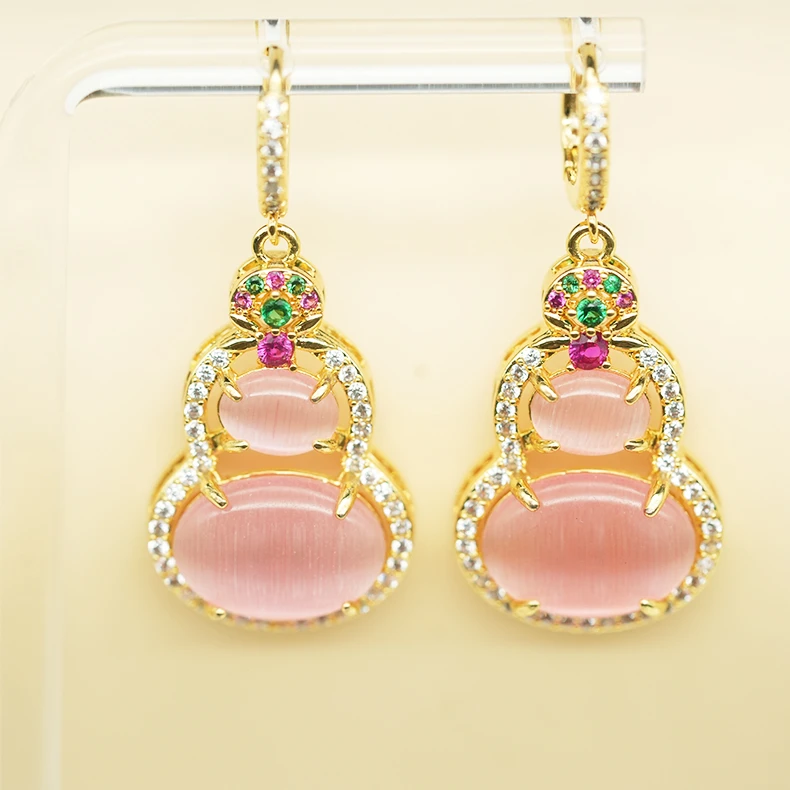 铜合金耳饰 时尚经典葫芦粉轻奢百搭镶嵌精美精致气质耳环-5006