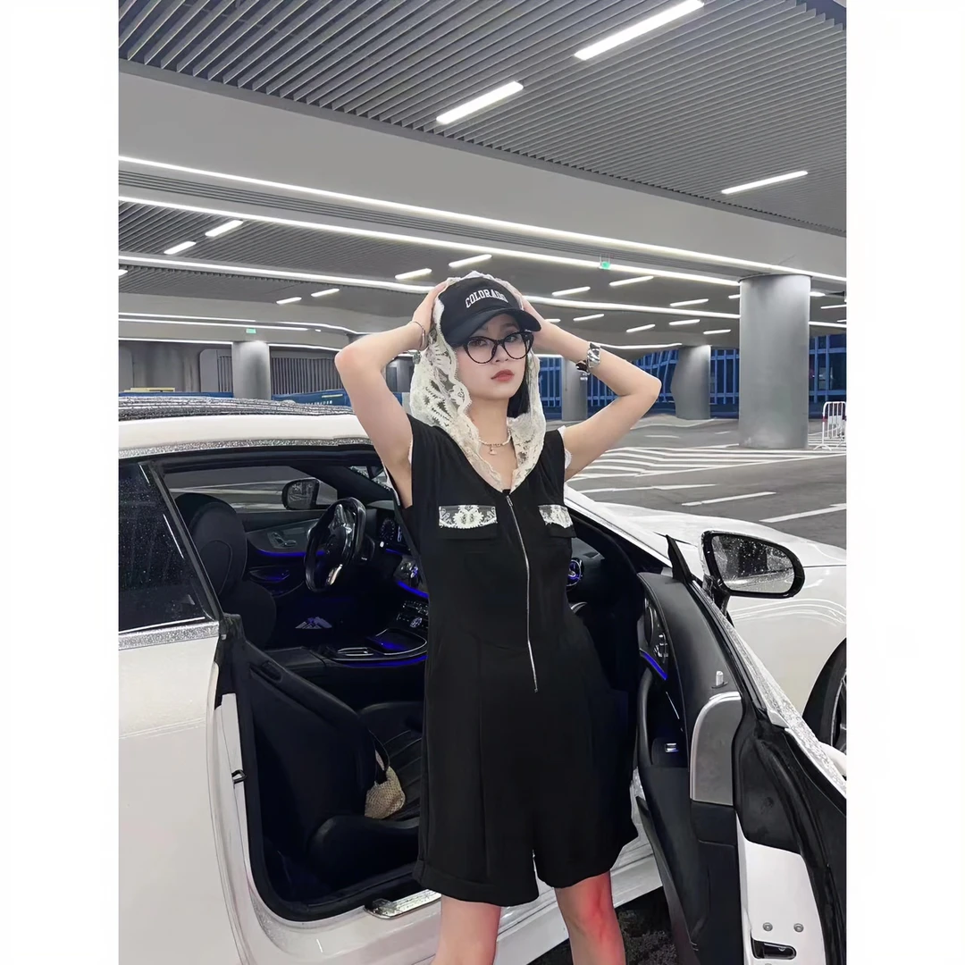 NANAKIKI【莫奈玫瑰】新款气质显瘦时尚蕾丝拼接带帽连体裤AM181