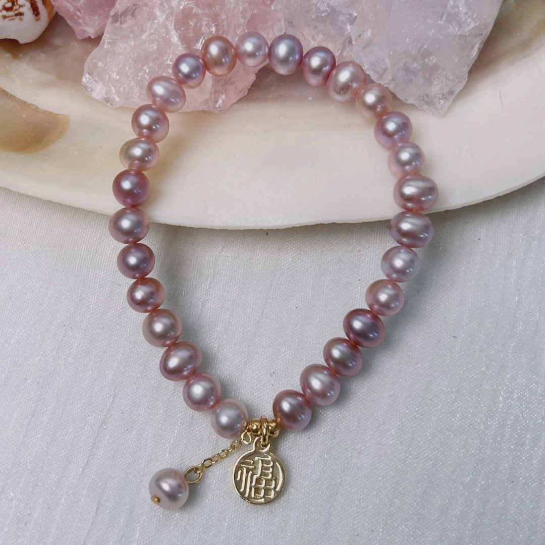 5.5-6mm紫色福牌淡水珍珠手链0595
