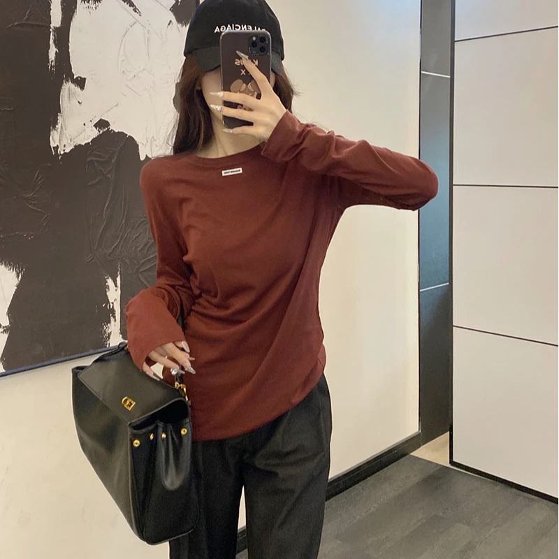 81129 UF高端气质显瘦百搭打底衫t设计感圆领纯色修身不规则ins