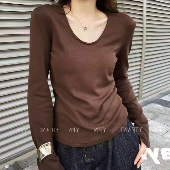2190 欧货新款V领长袖打底衫辣妹修身收腰显瘦正肩T恤上衣