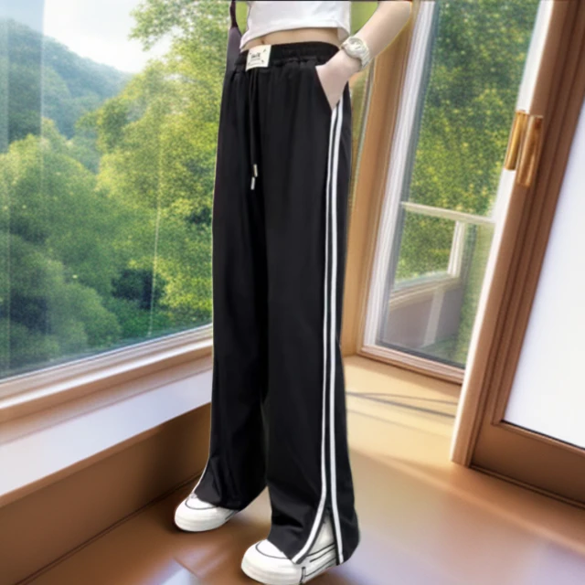 青少年冰凉休闲裤2024夏季新款女童拉条直筒裤时尚百搭高腰薄款