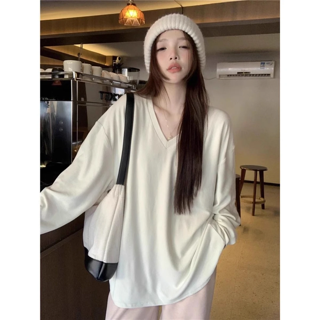 100%纯棉白色长袖t恤女秋冬学生V领宽松打底衫叠穿内搭上衣潮韩版