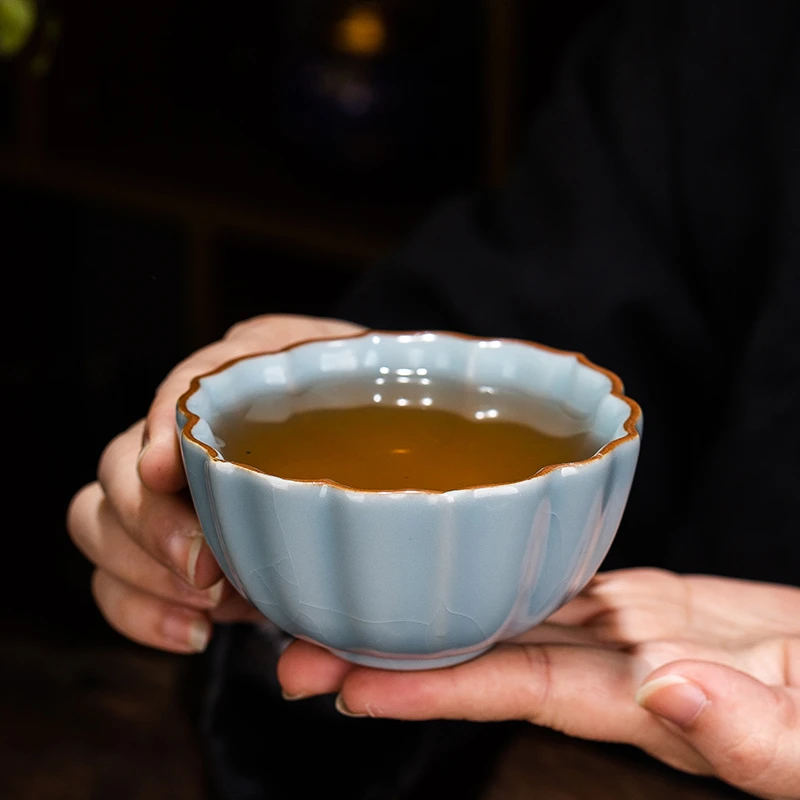 拓白汝窑茶杯陶瓷品茗杯单杯开片可养主人杯家用喝茶个人杯礼盒装