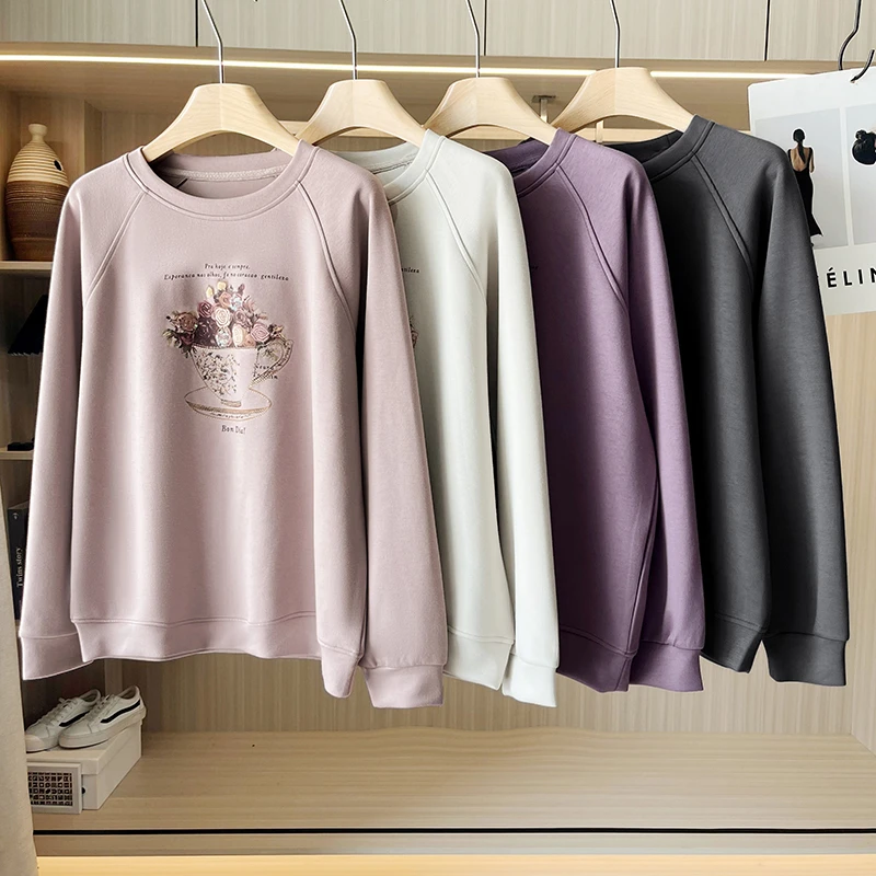 【花漾】铜氨丝百搭减龄轻奢重工刺绣显瘦遮肉圆领卫衣C7315#8552