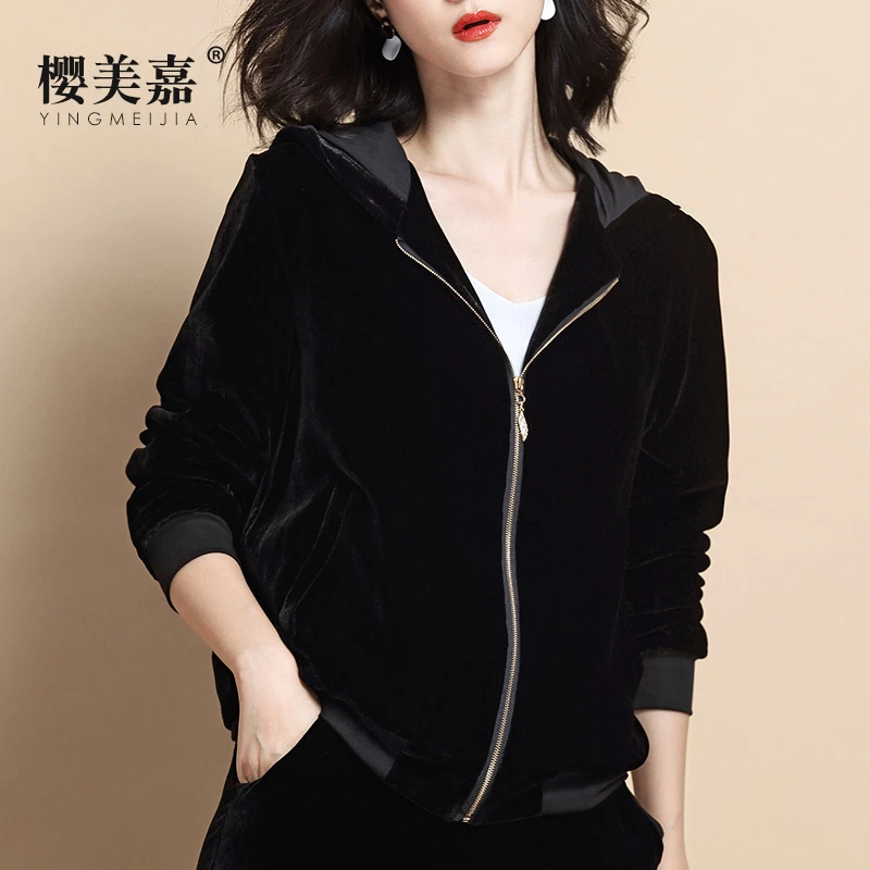 8906樱美嘉连帽真丝丝绒上衣时尚春秋外套 运动百搭黑色女士洋气