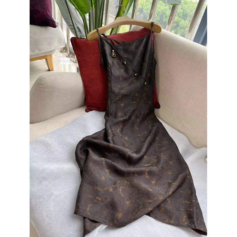 《璐璐推荐》香云纱花罗100桑蚕丝夏季三八妇女节女装吊带裙l226