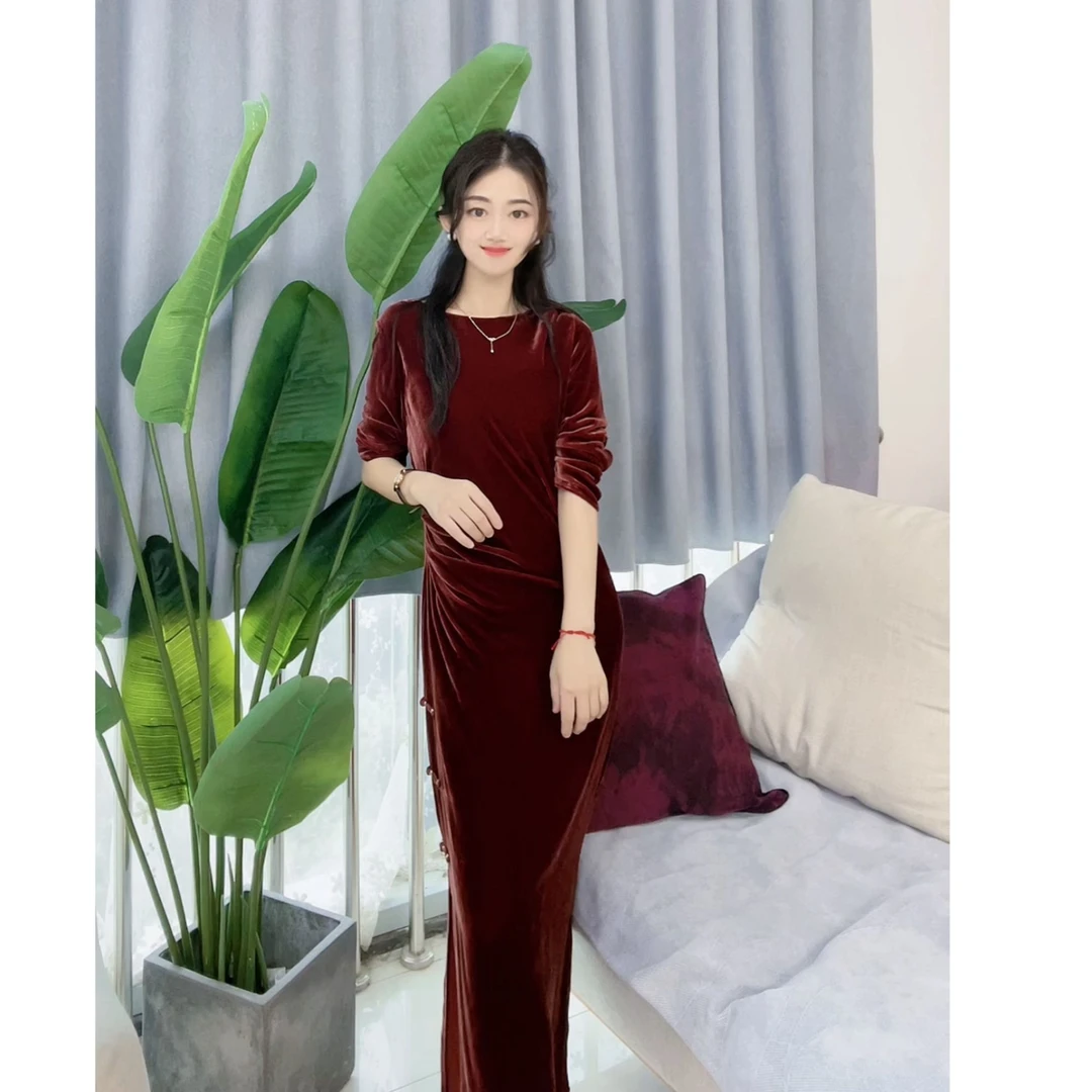 新款《璐璐推荐》桑蚕丝丝绒时尚显瘦夏秋季女装连衣裙dy1799