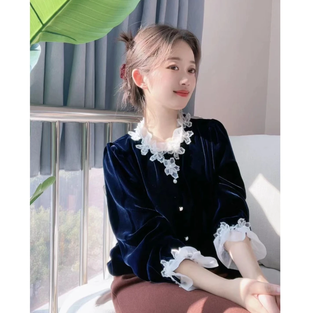 断码清  DY1298温柔气质百搭桑蚕丝丝绒花边拼接减龄少女款上衣