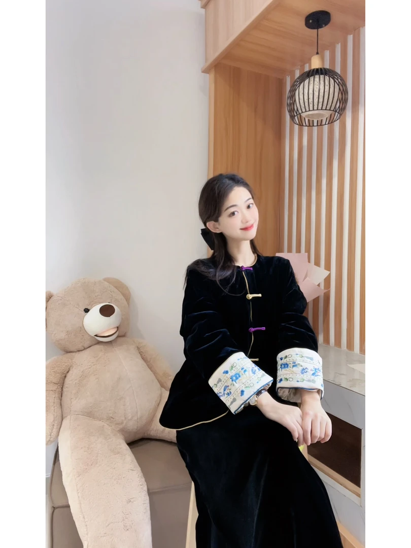 2024新款双面双穿新中式真丝丝绒棉服外套圆领彩色盘扣上衣DY1923