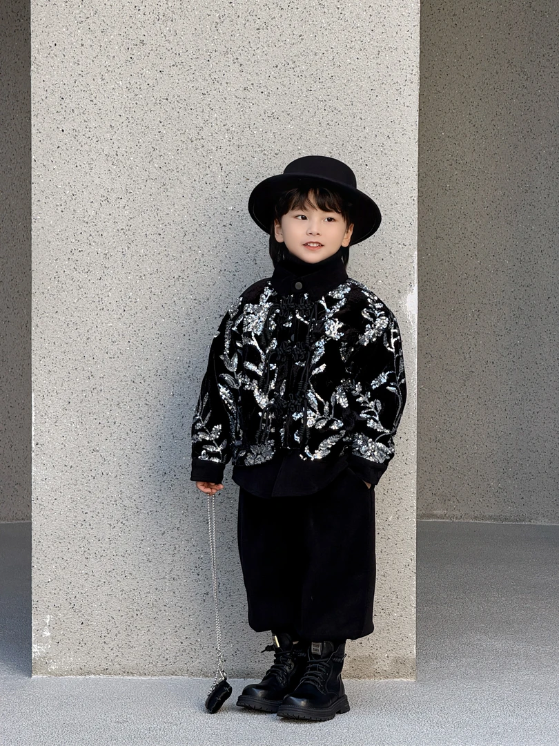 2024年时尚潮流百搭翻领亮片中国结外套高级设计师系列10923