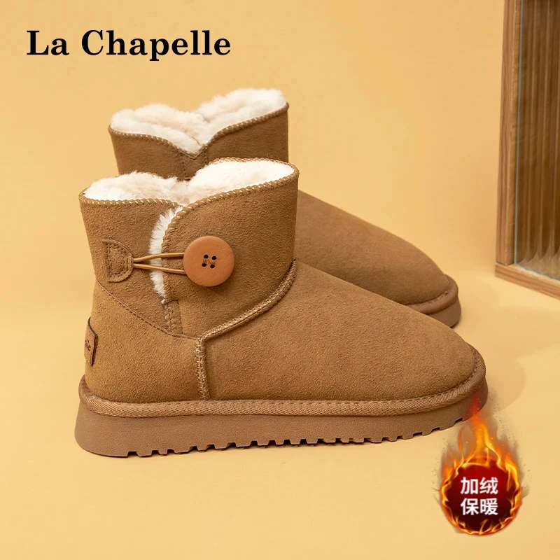 拉夏贝尔雪地靴女2024新款加绒加厚百搭面包鞋厚底棉鞋