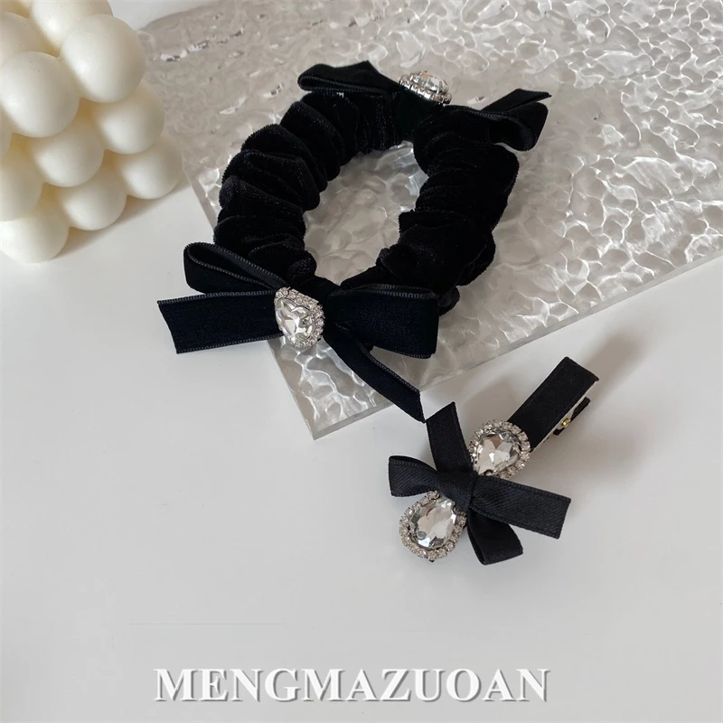 Q032 黑色精致水钻丝绒蝴蝶结设计感发圈皮筋百搭发夹刘海夹边夹