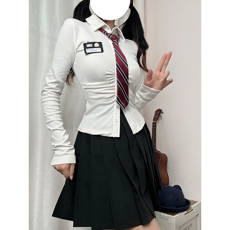 学院风jk长袖衬衫春秋款叠穿制服套装甜辣收腰上衣内搭白衬衣女