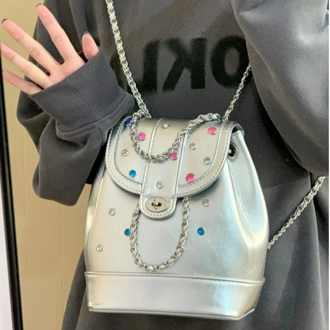 韩国小众设计百搭链条双肩包小香风水桶包女高级质感油蜡皮小背包