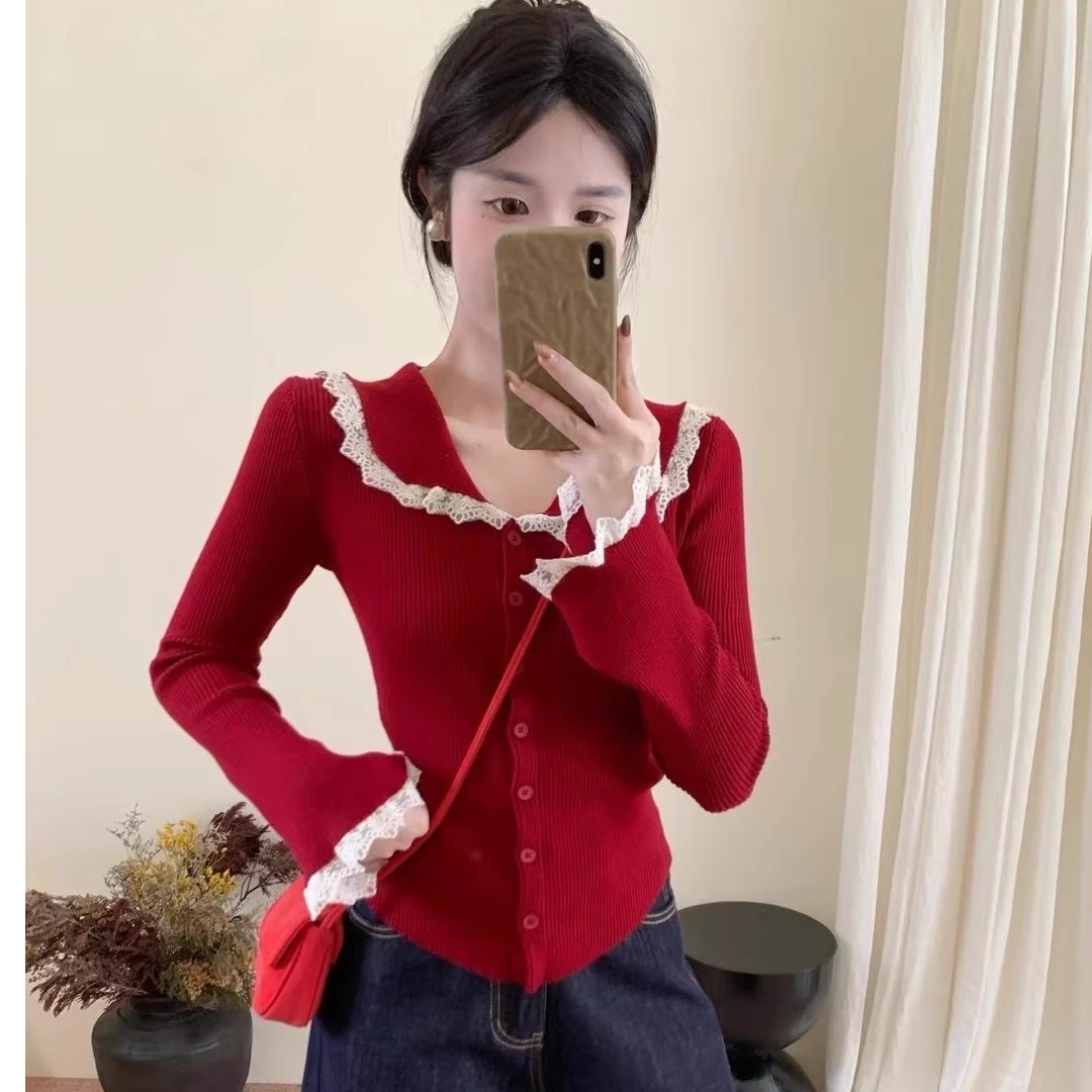 2025法式蕾丝边气质翻领百搭收腰女针织衫排扣小衫上衣A1-76